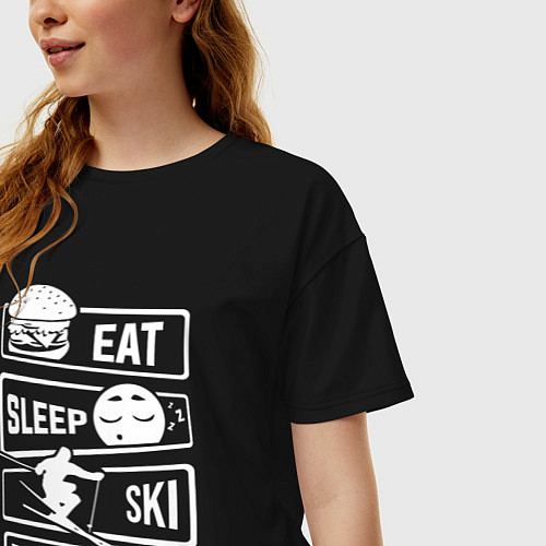 Женская футболка оверсайз Еда сон лыжи / Черный – фото 3