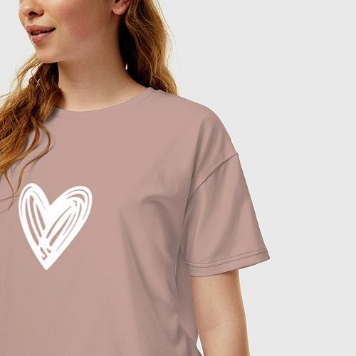 Женская футболка оверсайз Рисованное белое сердце парное / Пыльно-розовый – фото 3