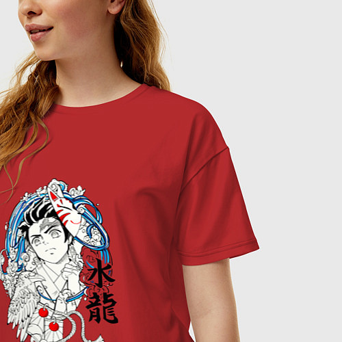 Женская футболка оверсайз Танджиро Камадо и иероглифы / Красный – фото 3