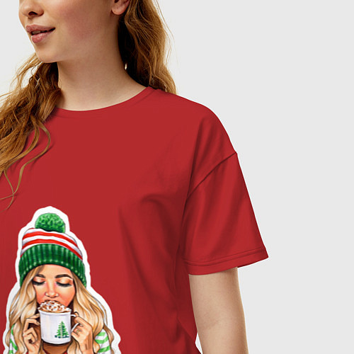 Женская футболка оверсайз Уютный рождественский кофе / Красный – фото 3