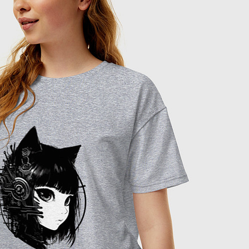 Женская футболка оверсайз Девочка кошка - киберпанк / Меланж – фото 3