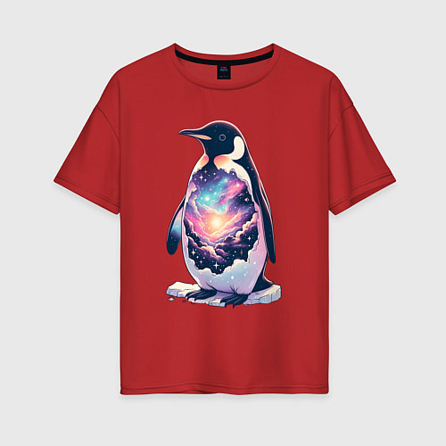 Женская футболка оверсайз Пингвин с космосом / Красный – фото 1