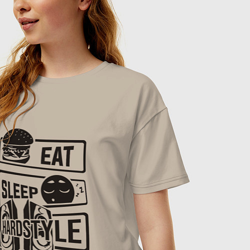 Женская футболка оверсайз Eat sleep hardstyle / Миндальный – фото 3