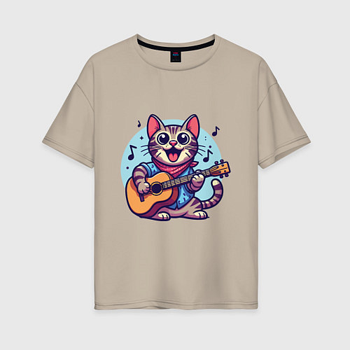 Женская футболка оверсайз Полосатый кот играет на гитаре / Миндальный – фото 1