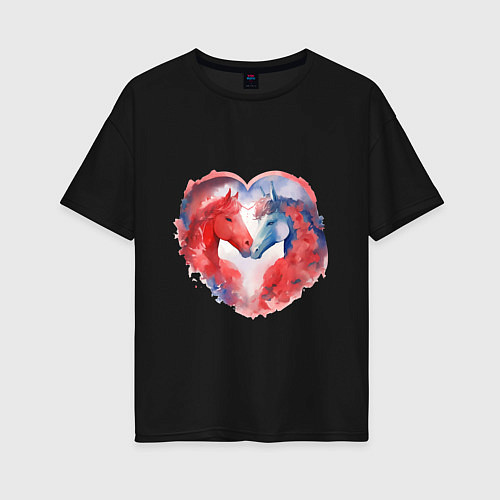 Женская футболка оверсайз Влюбленные лошади акварель / Черный – фото 1