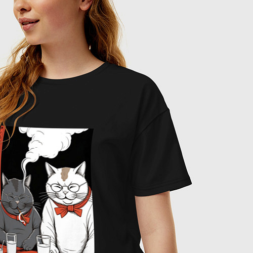 Женская футболка оверсайз MoMo - Смеющиеся коты в японском стиле / Черный – фото 3
