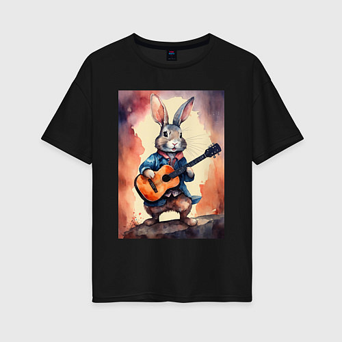 Женская футболка оверсайз Милый романтичный кролик c гитарой / Черный – фото 1