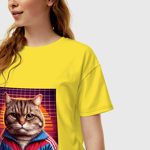 Женская футболка оверсайз Полосатый кот в спортивной куртке / Желтый – фото 3