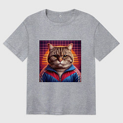 Футболка оверсайз женская Полосатый кот в спортивной куртке, цвет: меланж