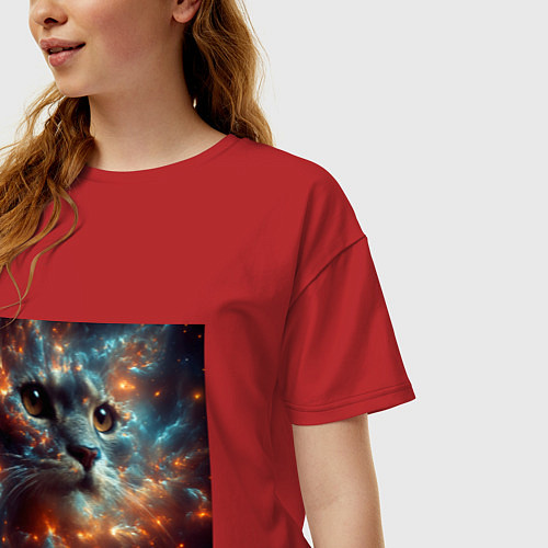 Женская футболка оверсайз Портрет кота в космической туманности / Красный – фото 3