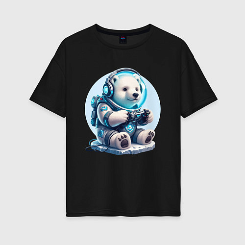 Женская футболка оверсайз Белый медвежонок - кибер спорт / Черный – фото 1