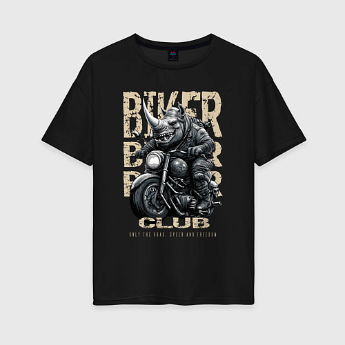 Женская футболка оверсайз Носорог байкер на мотоцикле / Черный – фото 1