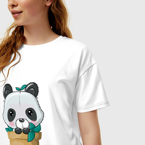 Женская футболка оверсайз Милая панда в цветочном горшке / Белый – фото 3