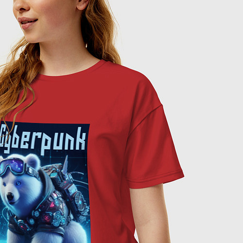 Женская футболка оверсайз Белый медвежонок в стиле киберпанк / Красный – фото 3