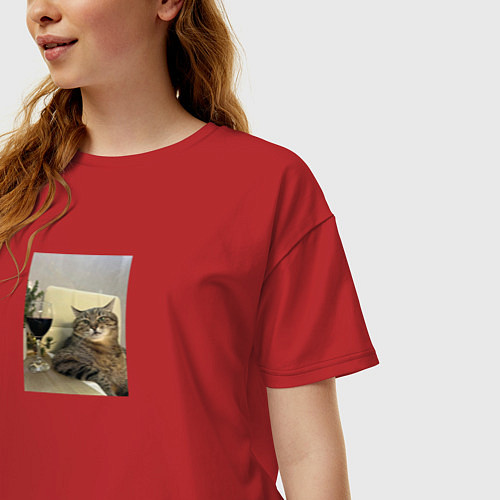 Женская футболка оверсайз Кот с бокалом / Красный – фото 3