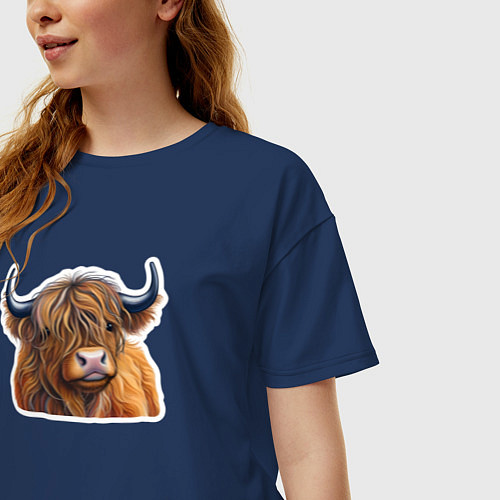 Женская футболка оверсайз Шотландский волосатый бык / Тёмно-синий – фото 3