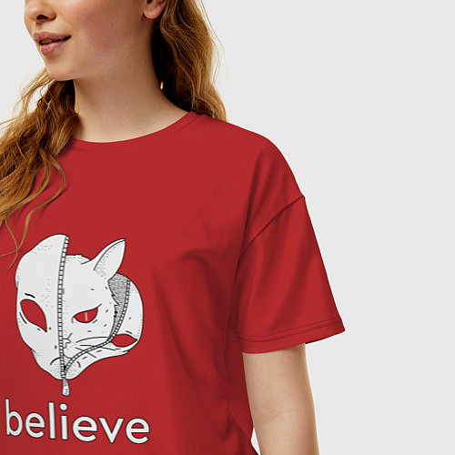 Женская футболка оверсайз Believe в котов инопланетян / Красный – фото 3