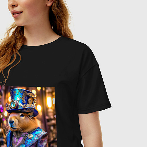 Женская футболка оверсайз Мем капибара в цилиндре стиль стимпанк / Черный – фото 3