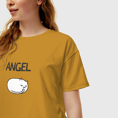 Женская футболка оверсайз Минималистичный кот ангел / Горчичный – фото 3