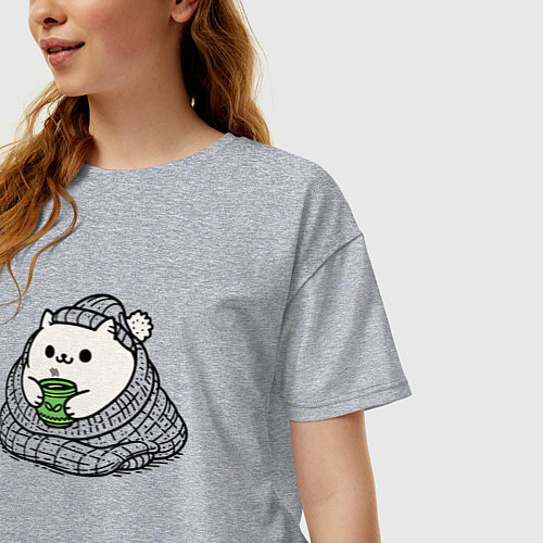 Женская футболка оверсайз Укутанный котик с горячим чаем / Меланж – фото 3
