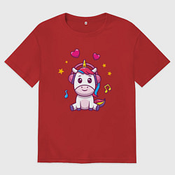 Футболка оверсайз женская Единорог в наушниках, цвет: красный