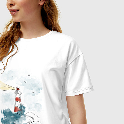 Женская футболка оверсайз Маяк и волны - акварель / Белый – фото 3