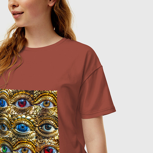 Женская футболка оверсайз Золотые глаза разного цвета в стиле стимпанк / Кирпичный – фото 3