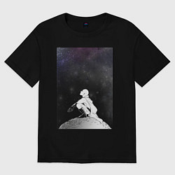 Футболка оверсайз женская Ванпанчмен Сайтама на луне, цвет: черный