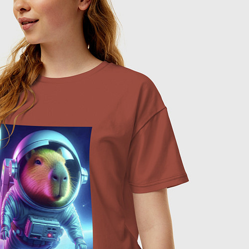 Женская футболка оверсайз Полёт капибары в космосе - неон / Кирпичный – фото 3