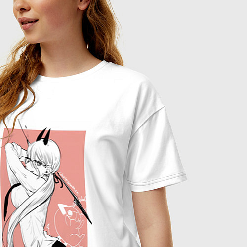 Женская футболка оверсайз Человек бензопила Пауэр в офисном костюме / Белый – фото 3