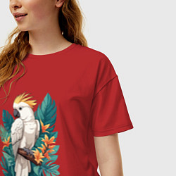 Футболка оверсайз женская Попугай какаду и тропические листья, цвет: красный — фото 2