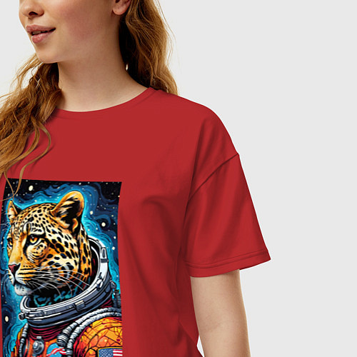 Женская футболка оверсайз Леопард бравый космонавт - нейросеть / Красный – фото 3