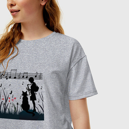 Женская футболка оверсайз Девушка и кот или музыка для души / Меланж – фото 3