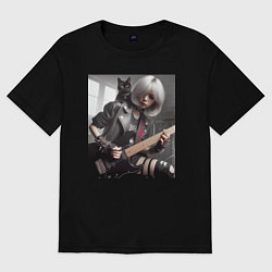 Футболка оверсайз женская Девчонка рок гитарист с чёрным котом, цвет: черный
