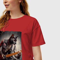 Футболка оверсайз женская Татуированный чёрный котяра рок гитарист, цвет: красный — фото 2
