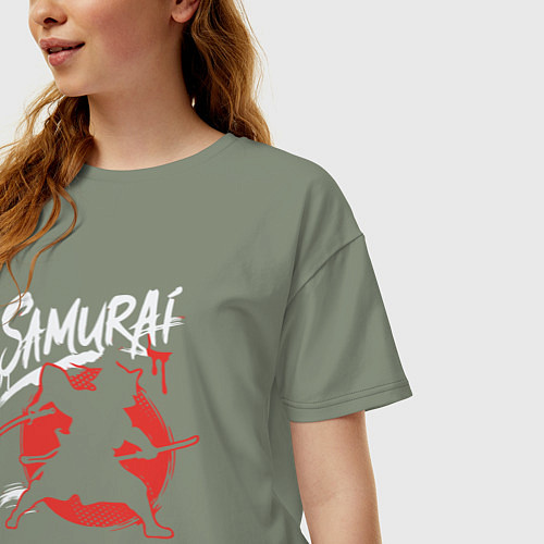 Женская футболка оверсайз Кот самурай силуэт / Авокадо – фото 3
