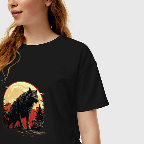 Женская футболка оверсайз Черный волк на горе / Черный – фото 3