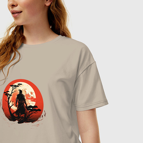 Женская футболка оверсайз Самурай на закате у дерева / Миндальный – фото 3