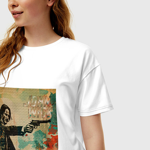 Женская футболка оверсайз Джон Уик с пистолетом портрет в стиле гранж / Белый – фото 3