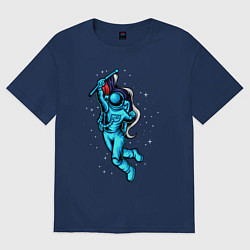 Футболка оверсайз женская Космонавт с флагом в руке, цвет: тёмно-синий