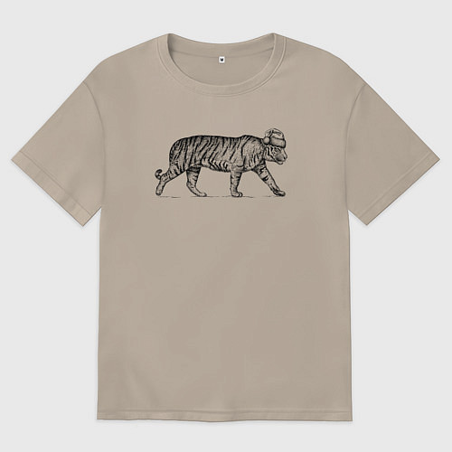 Женская футболка оверсайз Тигр в новогодней шапке / Миндальный – фото 1