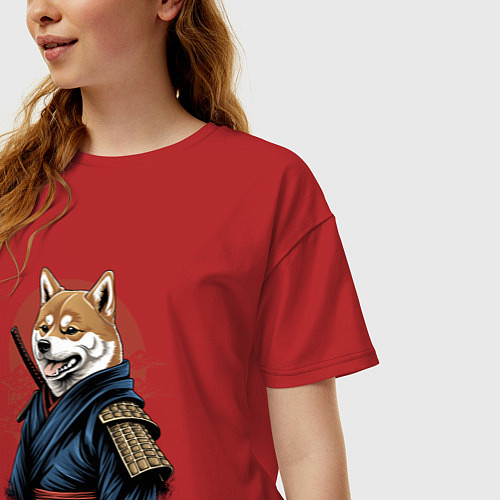 Женская футболка оверсайз Собака Сиба-ину самурай / Красный – фото 3