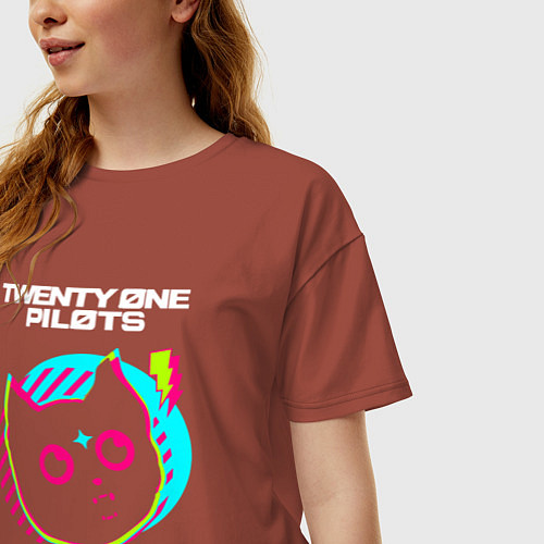 Женская футболка оверсайз Twenty One Pilots rock star cat / Кирпичный – фото 3