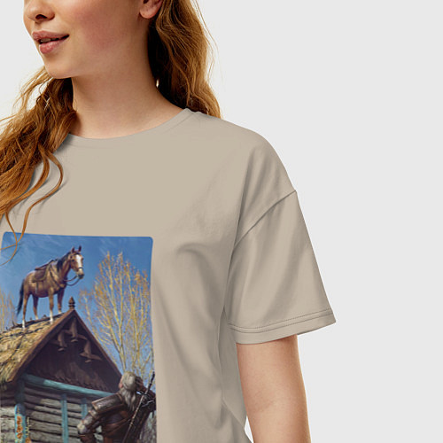 Женская футболка оверсайз Геральд и плотва на крыше - обложка карты из Гвинт / Миндальный – фото 3