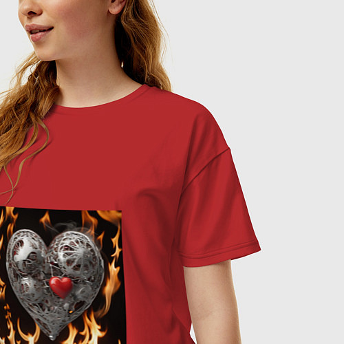 Женская футболка оверсайз Механическое сердце в пламени / Красный – фото 3