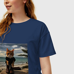 Футболка оверсайз женская Пляжный котик, цвет: тёмно-синий — фото 2