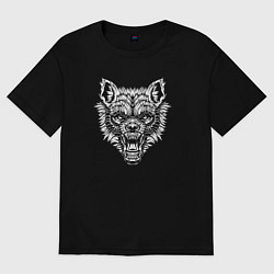 Футболка оверсайз женская Злой черно-белый волк, цвет: черный