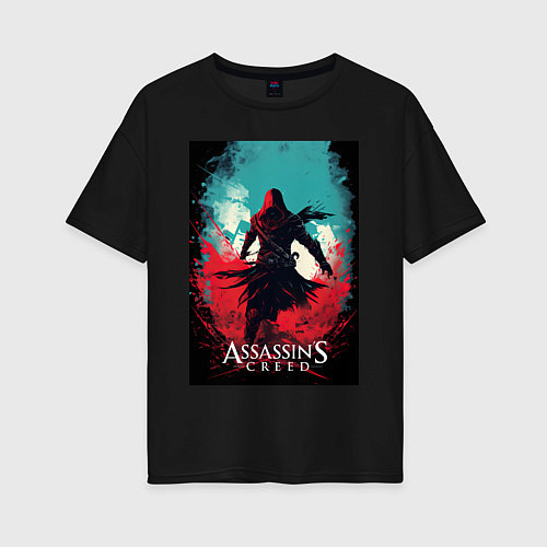 Женская футболка оверсайз Assassins creed red blue abstract / Черный – фото 1