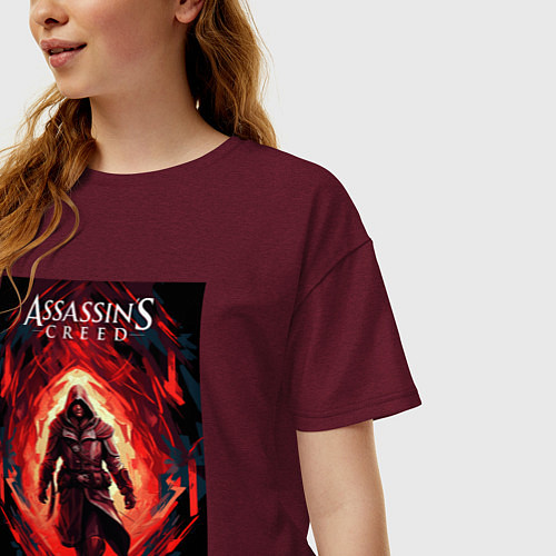 Женская футболка оверсайз Assassins creed свозь пламя / Меланж-бордовый – фото 3