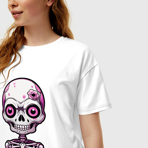 Женская футболка оверсайз Розовый скелет с большими глазами / Белый – фото 3
